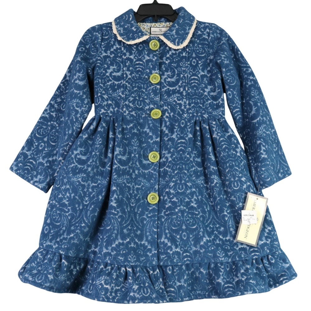American Widgeon Girls 10 Faux Fur Damask Coat Blue Wool‎ Blend Dressy NWT